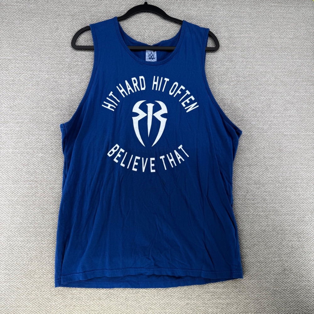 WWE Roman Reigns Tank Top XL Blue Cotton Hit Hard Hit Often Believe Wrestling